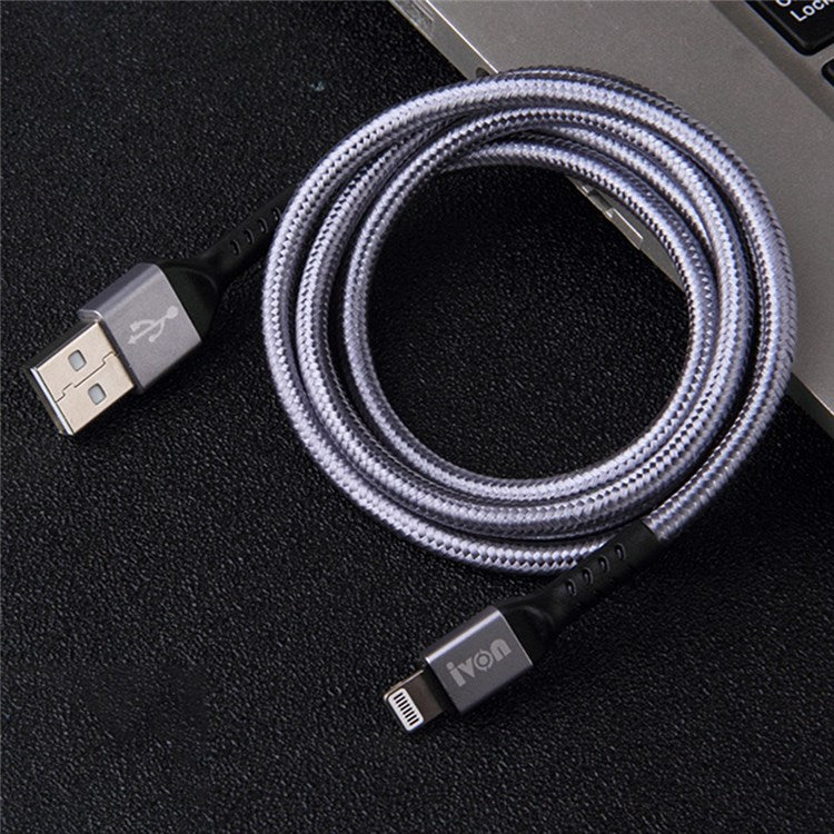 IVON CA89 1m USB to Lightning 8 Pin Charging Cord Braided Design for iPhone 2.1A Fast Charger Data Transfer Cord - Grey