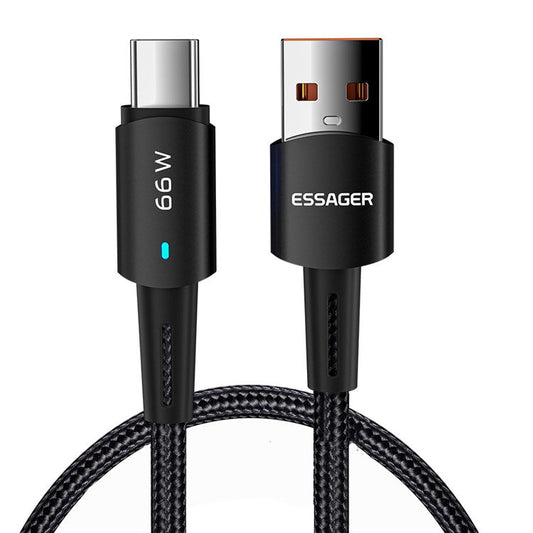 ESSAGER 1m Fast Charging Cable 6A Braided Design USB to Type C Cell Phone Cable 480Mbps Data Transmission Cord - Black