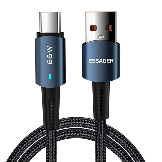 ESSAGER 2m USB C Charger Cord Premium Braided USB A to Type C 6A Charging Data Transfer Cable Fast Charge for Smartphones Tablets Laptops - Blue