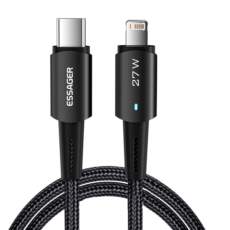 ESSAGER 2m Braided 27W Fast Charger Cable for iPhone Charging Cord USB C to iP Data Transmission Line - Black