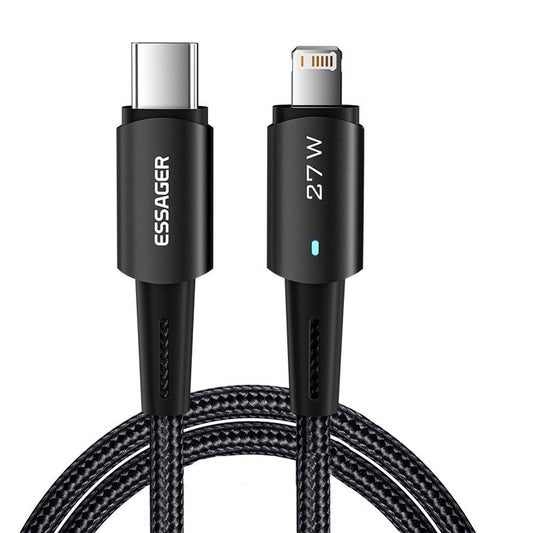 ESSAGER 2m Braided 27W Fast Charger Cable for iPhone Charging Cord USB C to iP Data Transmission Line - Black