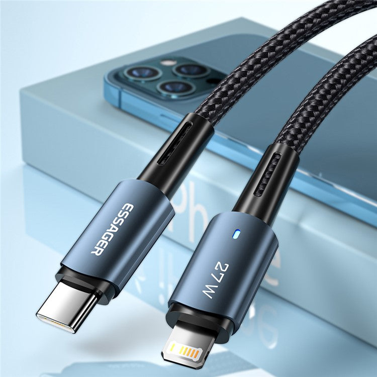 ESSAGER 2m Braided 27W Fast Charger Cable for iPhone Charging Cord USB C to iP Data Transmission Line - Black