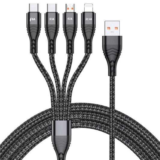 For iPhone 15 Series 2m 4-in-1 66W 6A 4-Output Fast Charging Charging Cable USB to 8Pin+Micro USB+Dual Type-C Braided Cable Adapter - Black
