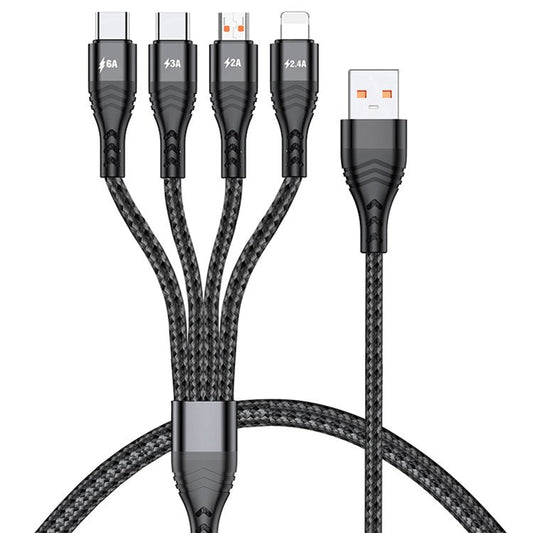 For iPhone 15 Series 1.2m 4-in-1 66W USB to 8Pin+Micro USB+Dual Type-C Multi-Output Fast Charging Charging Cable - Black