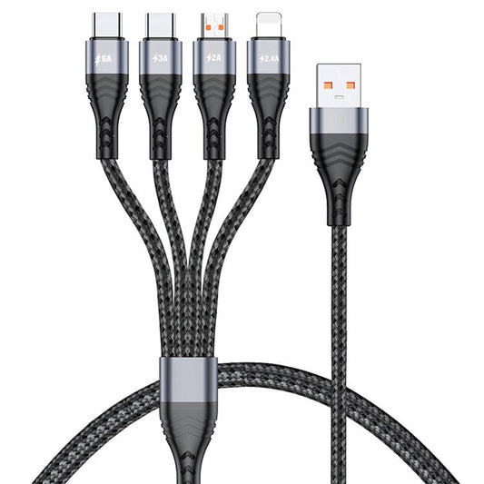 For iPhone 15 Series 1.2m 4-in-1 66W USB to 8Pin+Micro USB+Dual Type-C Multi-Output Fast Charging Charging Cable - Grey
