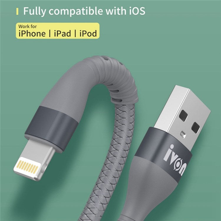IVON CA92 1.5m 2.4A Fast Charging Data Cord USB to 8 Pin Flexible Rubber Cable - Black