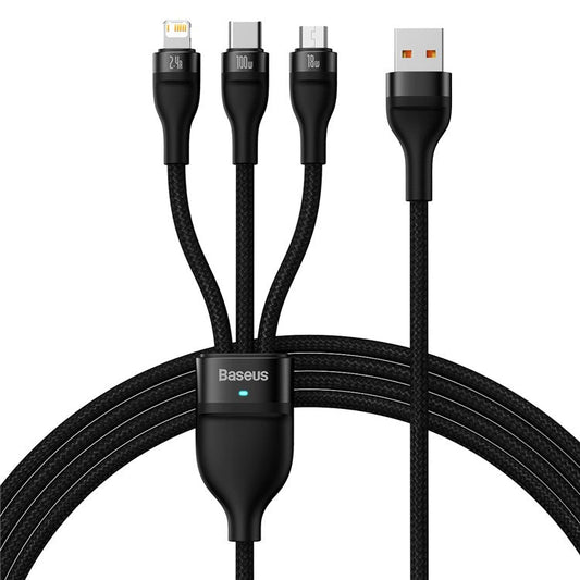 BASEUS Flash Series II USB to Micro+6 Pin+Type-C Cord One-for-Three 100W Fast Charging Data Cable, 1.2m - Black
