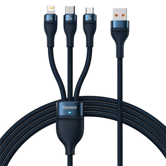BASEUS Flash Series II USB to Micro+6 Pin+Type-C Cord One-for-Three 100W Fast Charging Data Cable, 1.2m - Blue