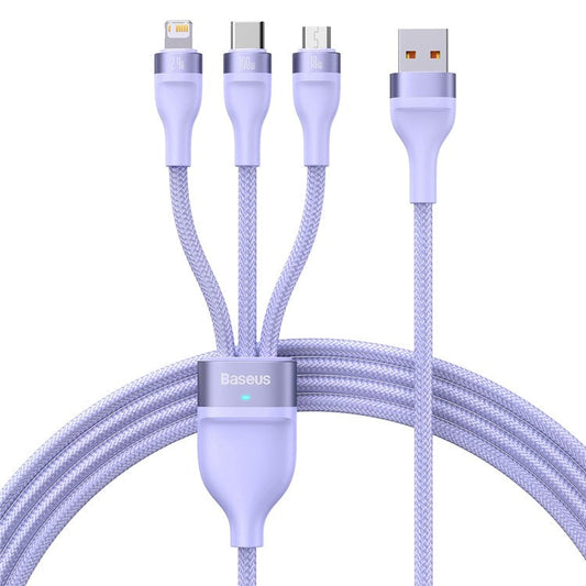 BASEUS Flash Series II USB to Micro+6 Pin+Type-C Cord One-for-Three 100W Fast Charging Data Cable, 1.2m - Purple