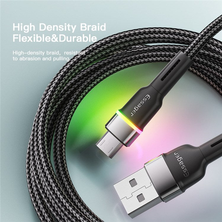ESSAGER 2m 2.4A Fast Charging Cable USB-A to Micro USB LED Lighting Cable 480Mbps Data Transmission Cord - Blue