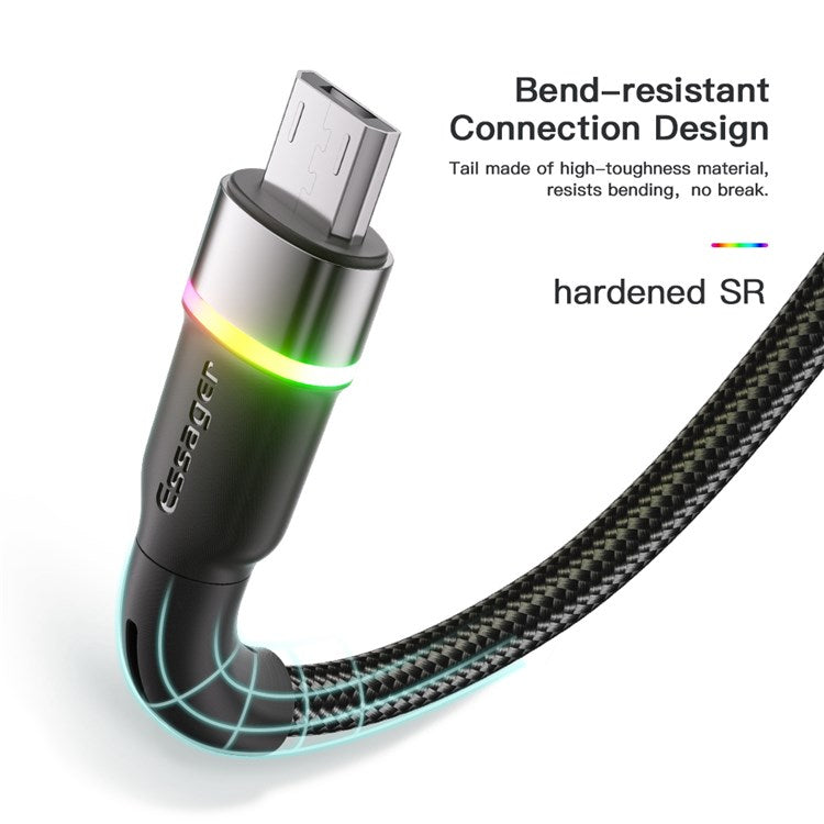 ESSAGER 2m 2.4A Fast Charging Cable USB-A to Micro USB LED Lighting Cable 480Mbps Data Transmission Cord - Purple