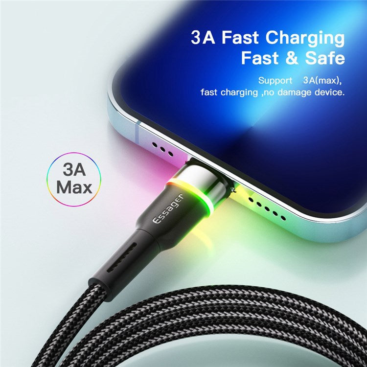 ESSAGER 2m USB-A to 6Pin 3A Fast Charging Cable LED Lighting 480Mbps Transfer Data Cable Cord - Black