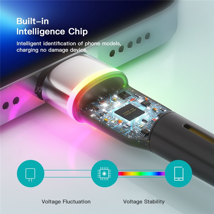ESSAGER 2m USB-A to 6Pin 3A Fast Charging Cable LED Lighting 480Mbps Transfer Data Cable Cord - Black