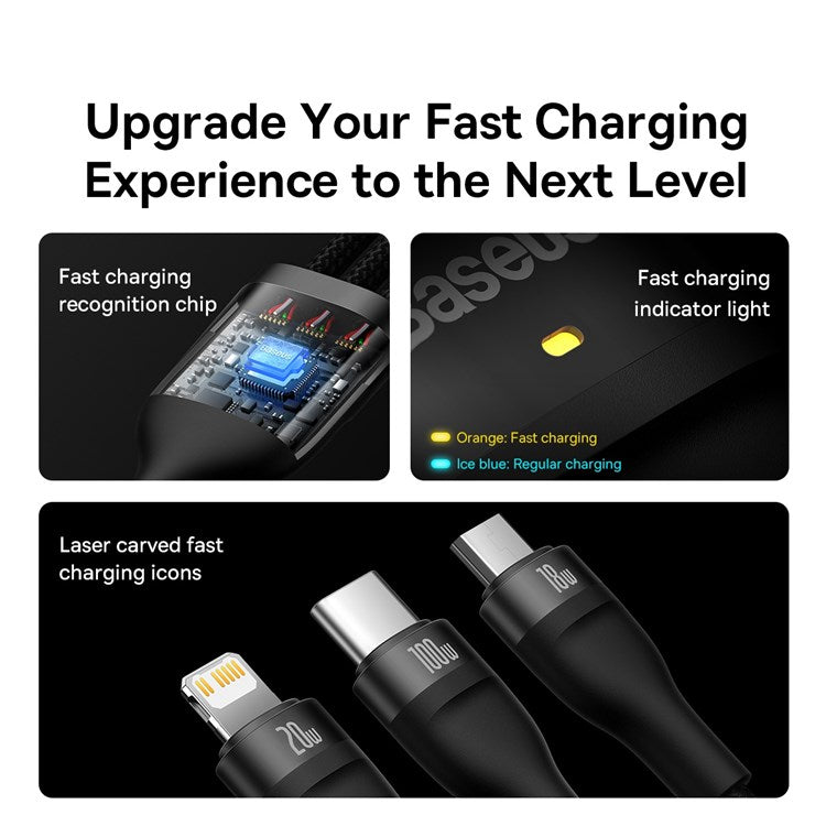 BASEUS Flash Series for iPhone 15 Series II Two-for-Three Charging Cable USB+Type-C to Micro+7 Pin+Type-C 100W Wire 1.2m - Black