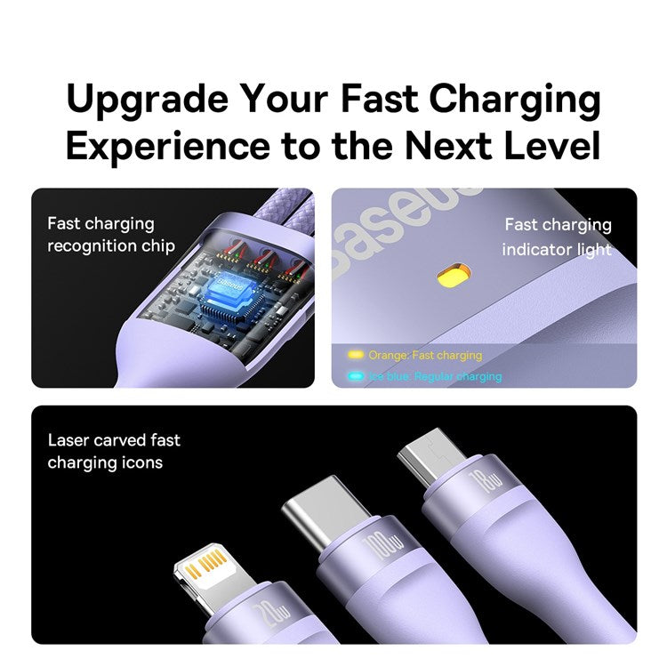 BASEUS Flash Series for iPhone 15 Series II Two-for-Three Charging Cable USB+Type-C to Micro+7 Pin+Type-C 100W Wire 1.2m - Purple
