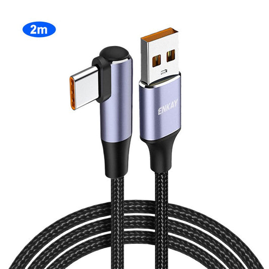 ENKAY HAT PRINCE 2m 66W 6A Super Fast Charging Braided Cable Android Phone USB to Elbow Type-C Data Cord - Black