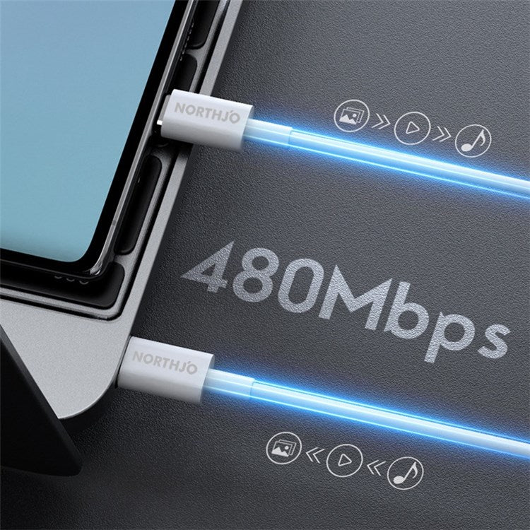 NORTHJO 1m 60W Type C PD Fast Charging Cable 480Mbps Data Transmission Wire for Home and Office - White