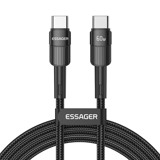 ESSAGER 3m PD 60W Type-C to Type-C Fast Charging Cable 480Mbps Data Transfer Braided Cord - Black