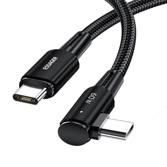 ESSAGER ChenGuang 2m 60W Type-C to Type-C Elbow Cable Fast Charging 480Mbps Braided Data Cord - Black