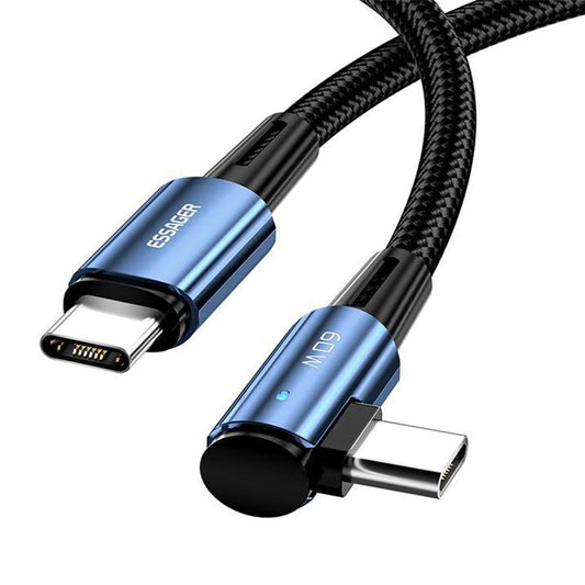 ESSAGER ChenGuang 1m 60W Type-C Male to Type-C Male Elbow Cable Fast Charging Data Cord - Blue