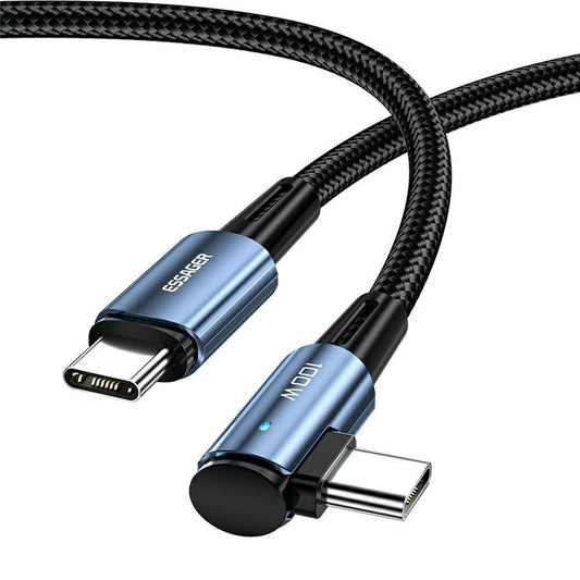 ESSAGER ChenGuang 2m 100W Type-C to Type-C Elbow Braided Cable 5A Fast Charging 480Mbps Data Cord - Blue