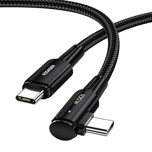 ESSAGER ChenGuang 2m 100W Type-C to Type-C Elbow Braided Cable 5A Fast Charging 480Mbps Data Cord - Black