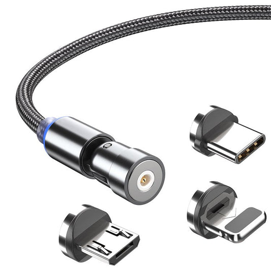 1m Magnetic 360 / 180 Degrees Rotation Charging Cable Fast Charge Cord Compatible for Lightning, Micro USB, Type C Devices - Black