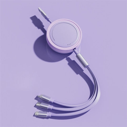 3 in 1 Type-C / Lightning / Micro USB Retractable Data Cable 66W Fast Charging Cord - Purple