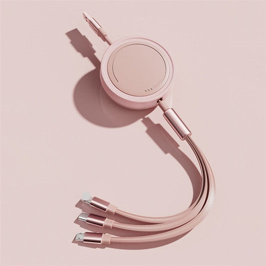 3 in 1 Type-C / Lightning / Micro USB Retractable Data Cable 66W Fast Charging Cord - Pink