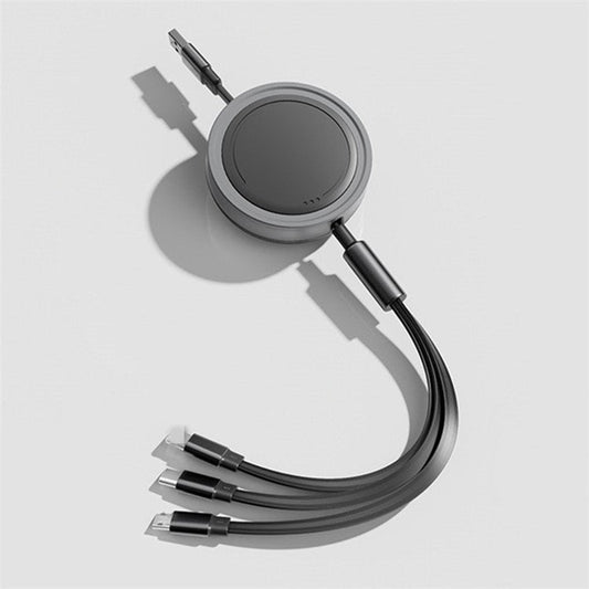 3 in 1 Type-C / Lightning / Micro USB Retractable Data Cable 66W Fast Charging Cord - Black  /  Grey