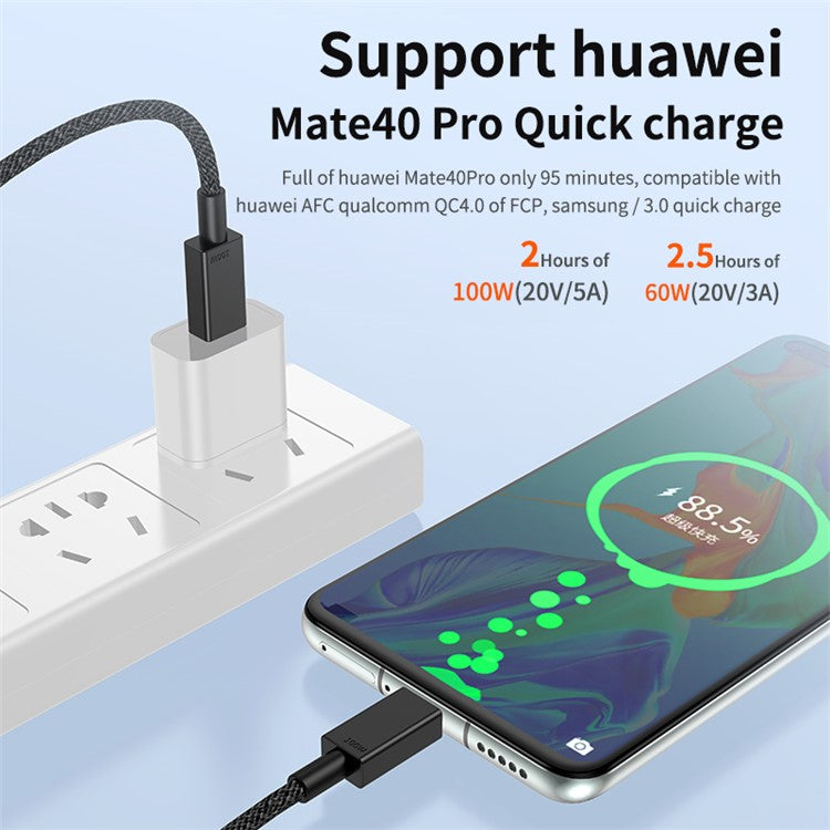 1m Cell Phone Cable Tear-resistant PD 100W Type C Fast Charging Wire for Tablet and Laptop - Black