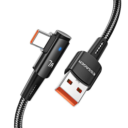 ESSAGER 2m USB to Type-C Cord Support 7A Fast Charging Elbow Design Braided 480Mbps Data Transmission Cable - Black