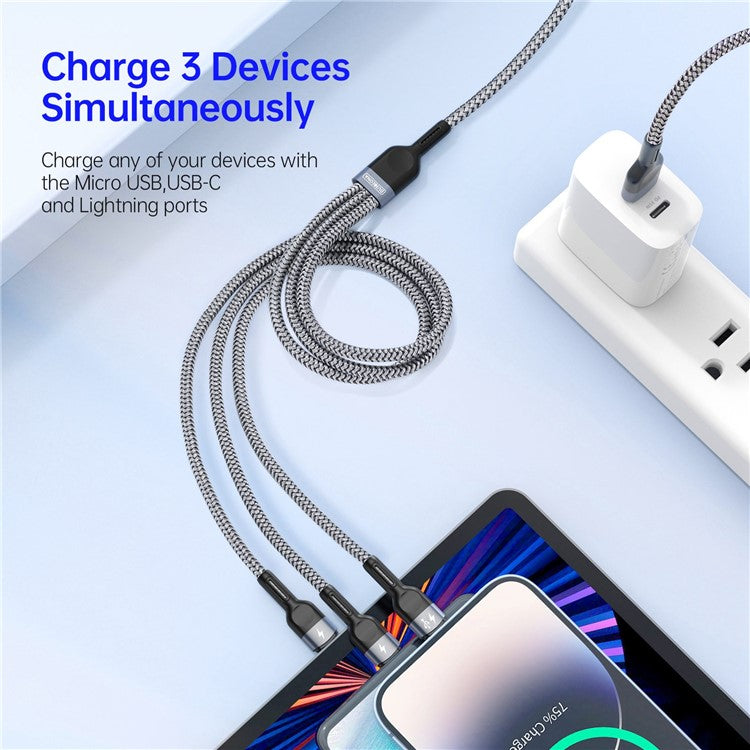 DUZZONA A3 3-In-1 3.5A Charging Nylon Braided USB Cable Data Transfer Wire for Android 8-Pin (CE / FCC / UKCA / ROHS Certificate)