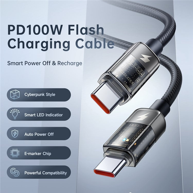 MCDODO CA-2840 for iPhone 15 Series 1.2m PD 100W Fast Charging Type-C to Type-C Auto Power Off Transparent Data Cable, Black