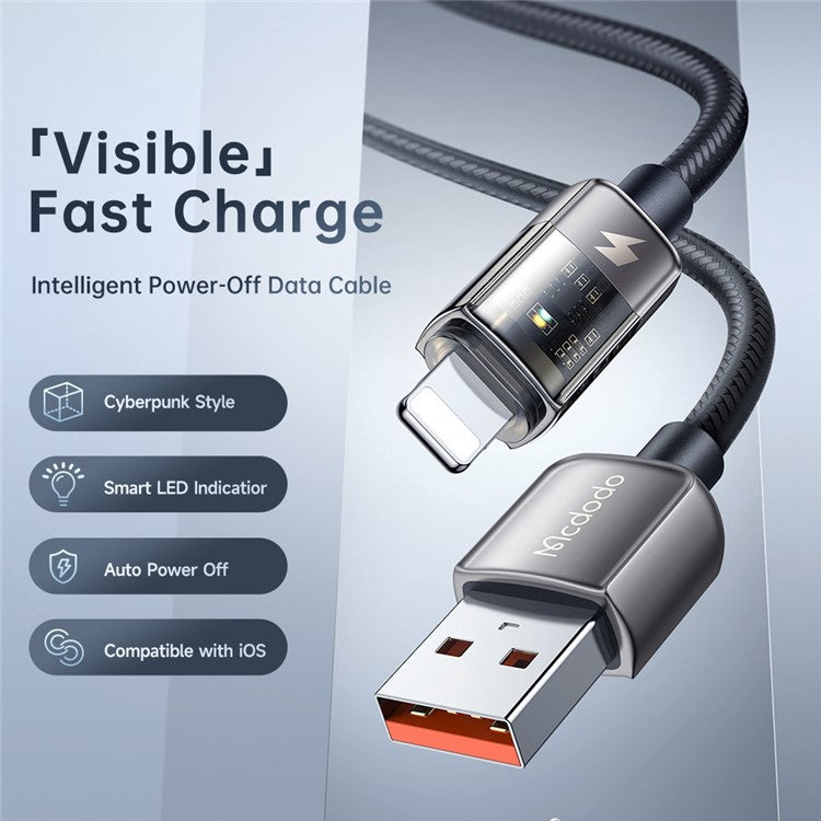 MCDODO CA-3141 MDD 1.8m USB to Lightning 3A Fast Charge Cable Smart Auto Disconnect Function Nylon Braided Wear-resistant Data Transfer Line - Black