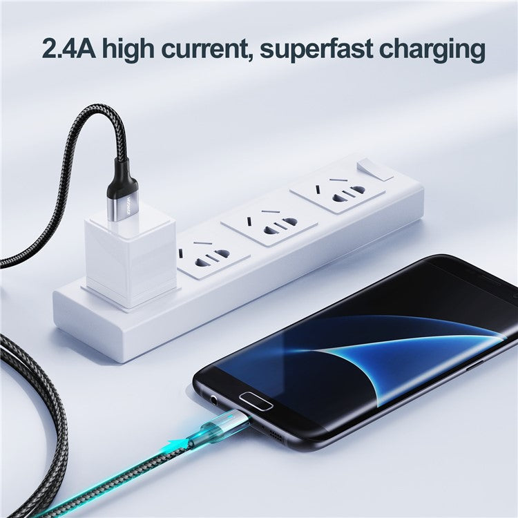 JOYROOM S-UM018A10 Feifan Series 2m Lengthened USB-A to Micro 2.4A Fast Charging Cord Braided Data Transfer Cable with Indicator Light - Black