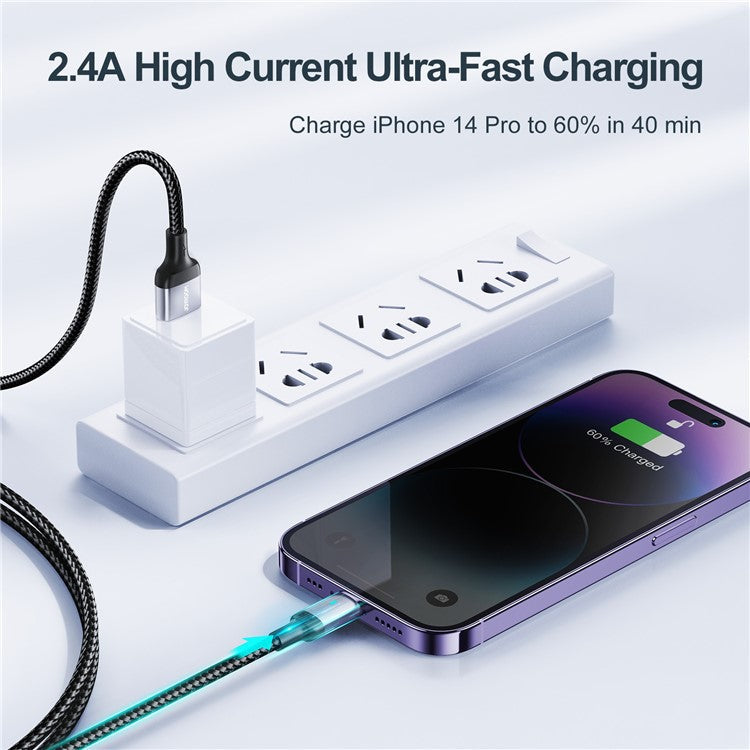 JOYROOM S-UL012A10 Feifan Series 1.2m USB-A to Lightning 2.4A Fast Charging Cord Indicator Light Design Braided Data Cable - White