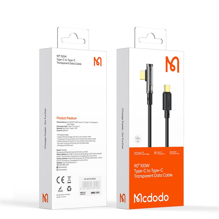 MCDODO CA-3401 for iPhone 15 Series 1.8m Type-C to Type-C 90 Degree L-shaped 100W Fast Charging Transparent Data Cable - Black