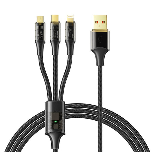 MCDODO CA-3330 MDD for iPhone 15 Series 1.2m 3-in-1 100W Transparent Fast Charging Cable Lightning+Micro USB+Type-C Data Cord - Black