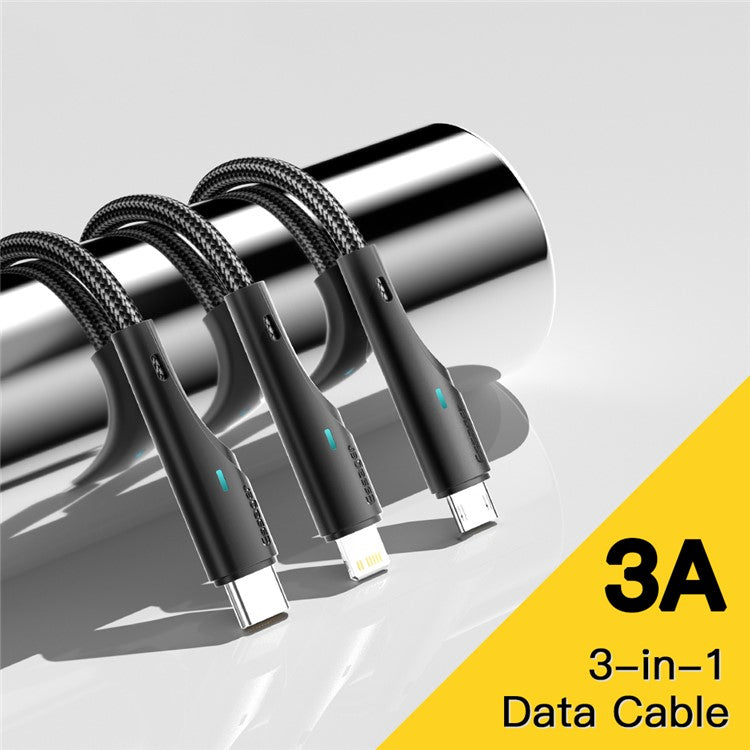 ESSAGER 1.2m 3-in-1 Charging Cable 3A USB to Micro USB, Type-C, for iPhone, iPad Data Cable