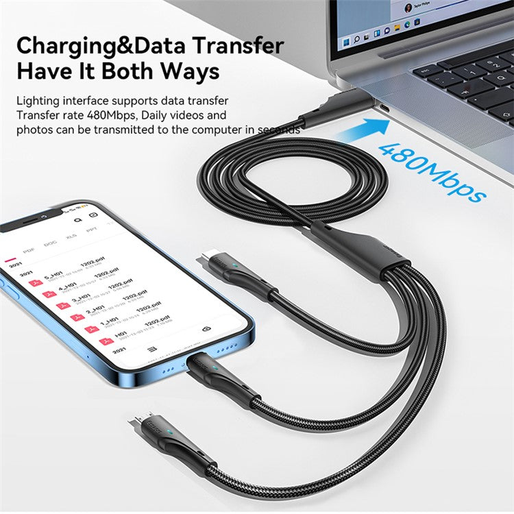ESSAGER 1.2m 3-in-1 Charging Cable 3A USB to Micro USB, Type-C, for iPhone, iPad Data Cable