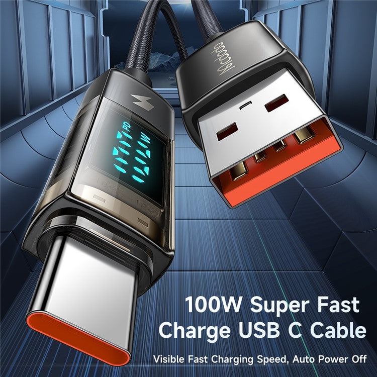 MCDODO CA-3630 for iPhone 15 Series 1.2m 100W High Power Digital Display Auto Power Off USB-A to Type-C Transparent Data Cable - Black