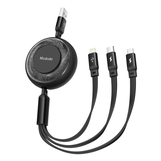 MCDODO CA-357 MDD for iPhone 15 Series 3-in-1 Retractable Charging Cable Lightning Type-C Micro USB for iPhone, Android - Black