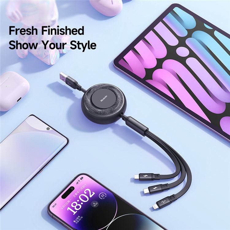 MCDODO CA-357 MDD for iPhone 15 Series 3-in-1 Retractable Charging Cable Lightning Type-C Micro USB for iPhone, Android - Black