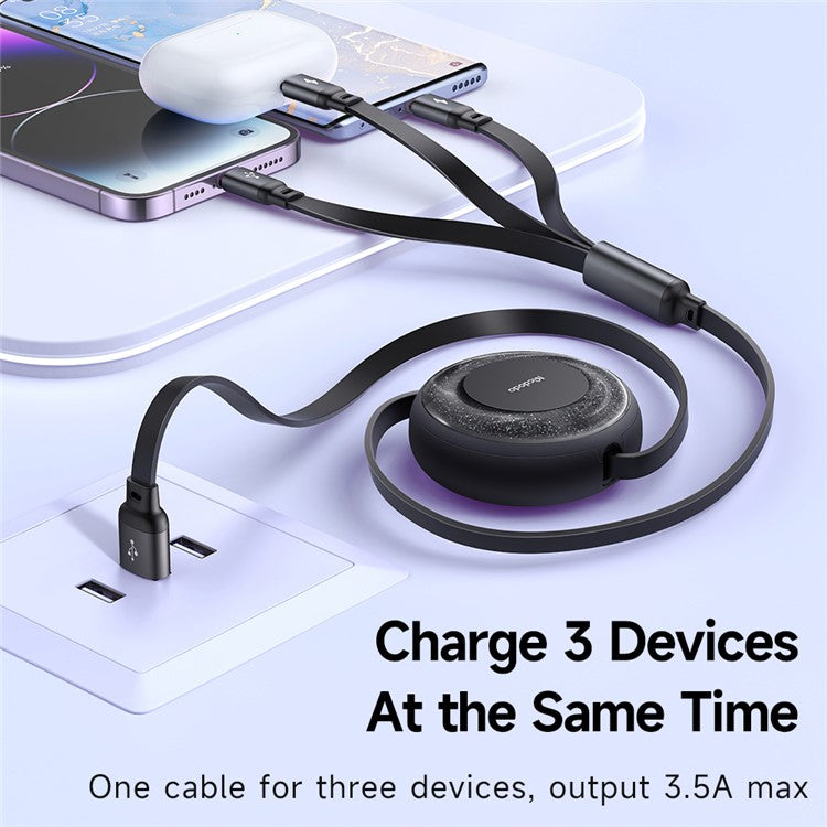 MCDODO CA-357 MDD for iPhone 15 Series 3-in-1 Retractable Charging Cable Lightning Type-C Micro USB for iPhone, Android - Black