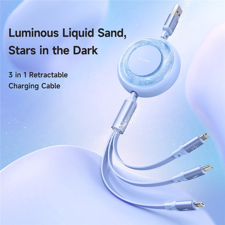 MCDODO CA-357 MDD for iPhone 15 Series 3-in-1 Retractable Charging Cable Lightning Type-C Micro USB for iPhone, Android - Blue