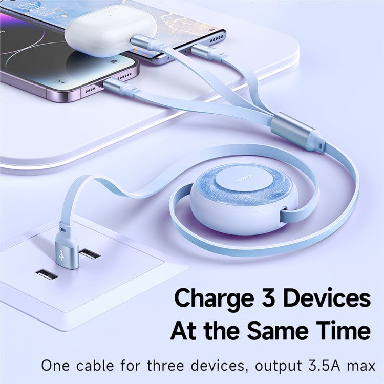 MCDODO CA-357 MDD for iPhone 15 Series 3-in-1 Retractable Charging Cable Lightning Type-C Micro USB for iPhone, Android - Blue