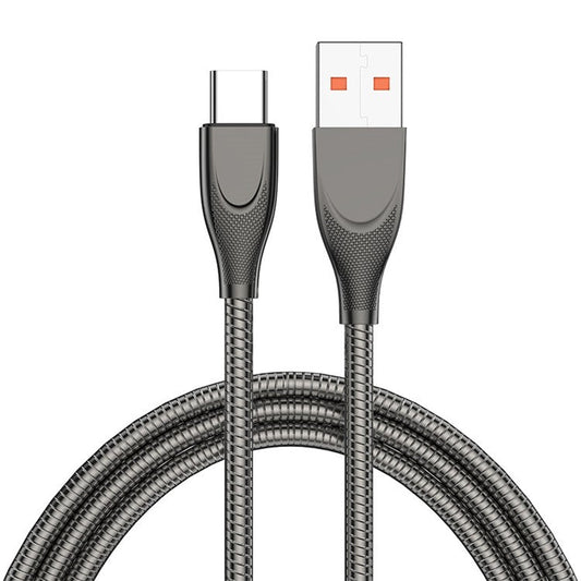 ENKAY HAT PRINCE 1m USB-A to Type-C 6A Fast Charging Data Cable Carbon Steel Hose Spring Cord - Black