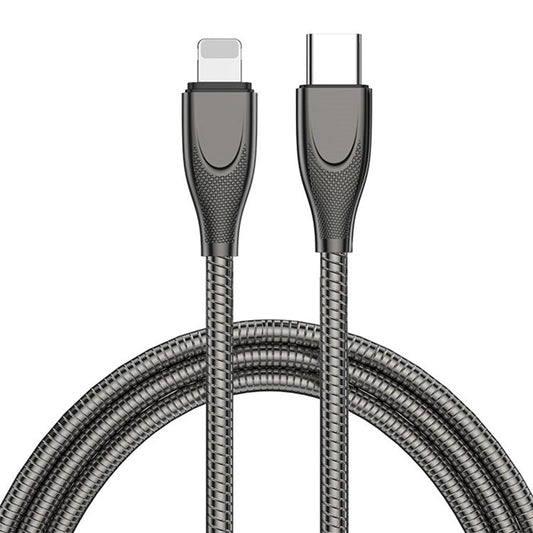 ENKAY HAT PRINCE 2m Type-C to Lightning Data Cable PD 27W Fast Charging Carbon Steel Hose Spring Cord - Black
