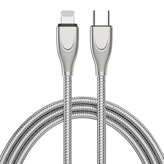 ENKAY HAT PRINCE 2m Type-C to Lightning Data Cable PD 27W Fast Charging Carbon Steel Hose Spring Cord - Silver